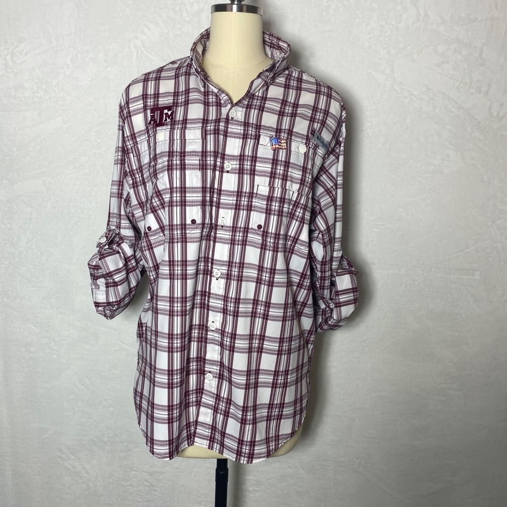 Columbia Super Tamiami‎ PFG Texas Aggies Blouse S/P Maroon  White Plaid Football